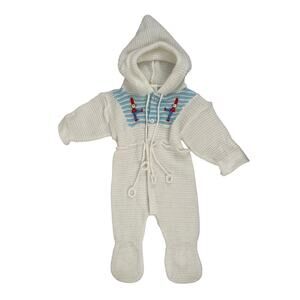 Vintage Sears Baby Knit One Piece White & Blue w/Hood & Drummer Detail EUC